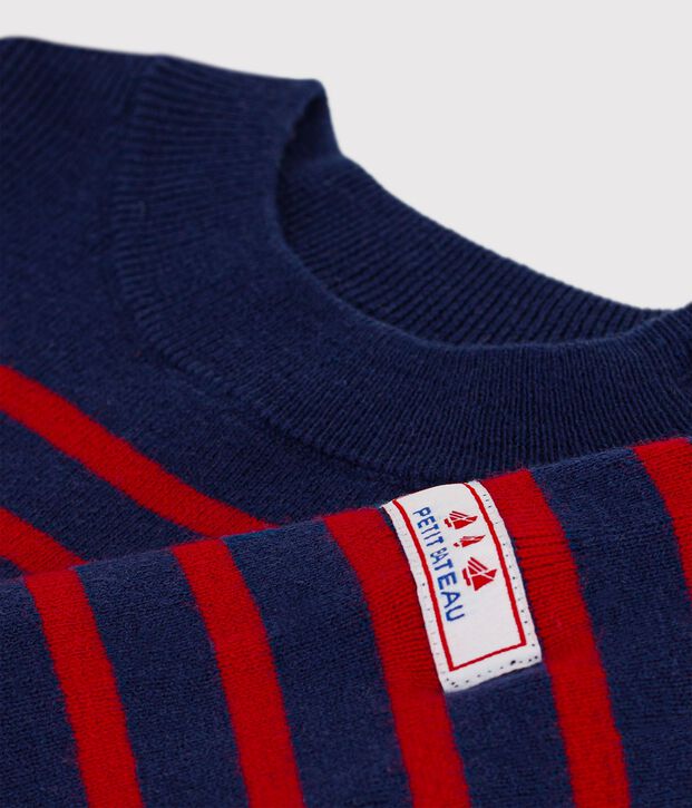 Babies' stripy wool and cotton sailor-style jumper blue/red