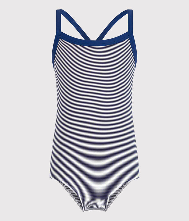 Girls' One-Piece Stripy Swimsuit blue/white