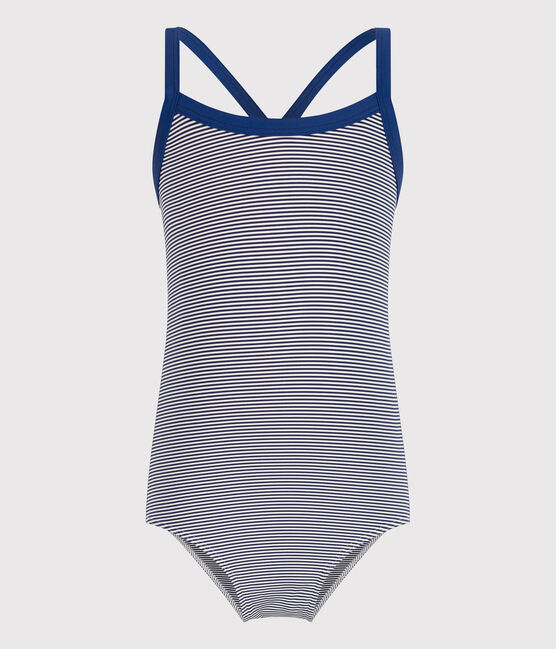 Girls' One-Piece Stripy Swimsuit MEDIEVAL blue/MARSHMALLOW white