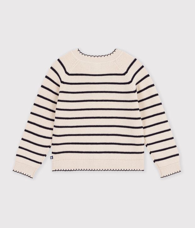 Children's stripy wool and cotton cardigan Ecru/blue