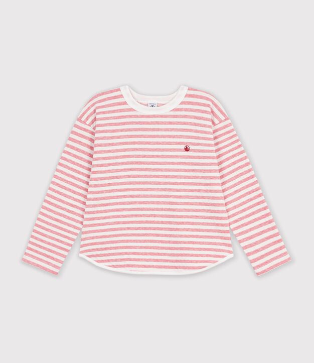 Children's long-sleeved stripy T-shirt pink/ecru