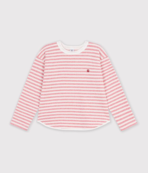 Children's long-sleeved stripy T-shirt pink/ecru