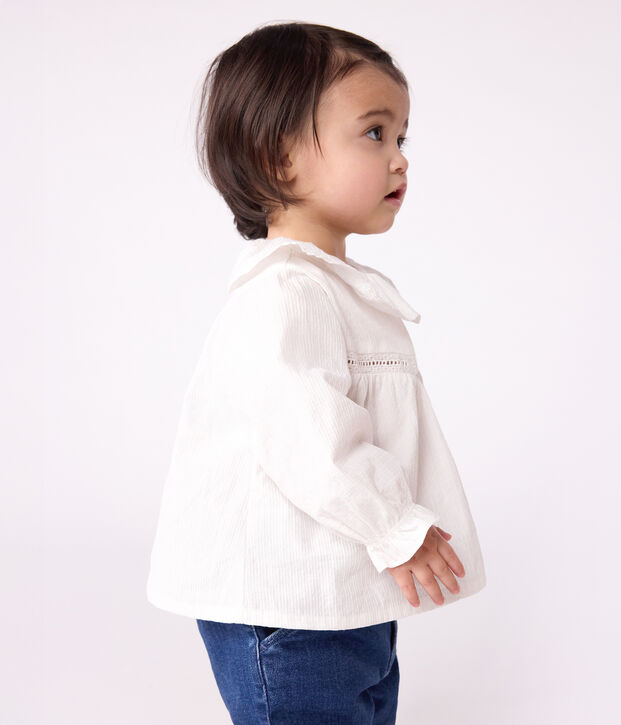 Babies' long-sleeved cotton poplin blouse with a collar and embroidery white
