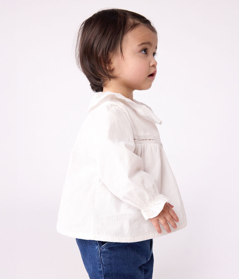 Babies' long-sleeved cotton poplin blouse with a collar and embroidery white