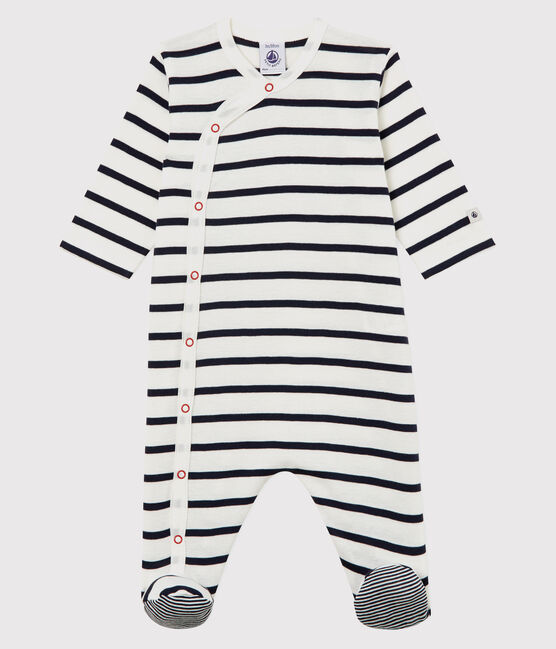 Babies' Striped Ribbed Sleepsuit MARSHMALLOW white/SMOKING blue