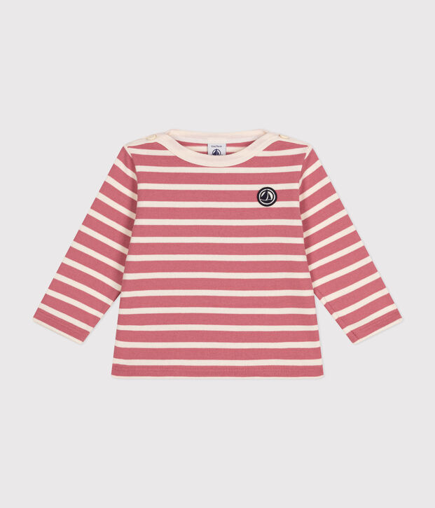 Babies' thick cotton Breton top pink/ecru