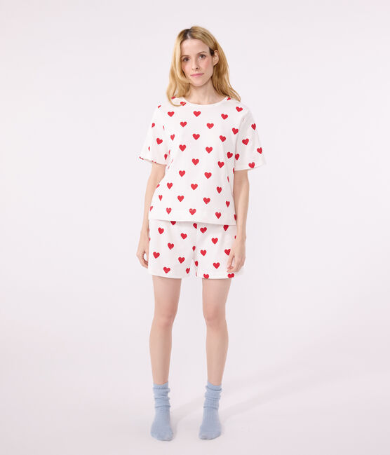 Women's Heart Themed Cotton Short Pyjamas MARSHMALLOW white/TERKUIT red