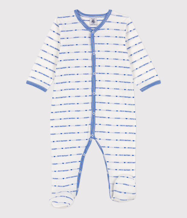 Patterned Knit Cotton Sleepsuit white/blue