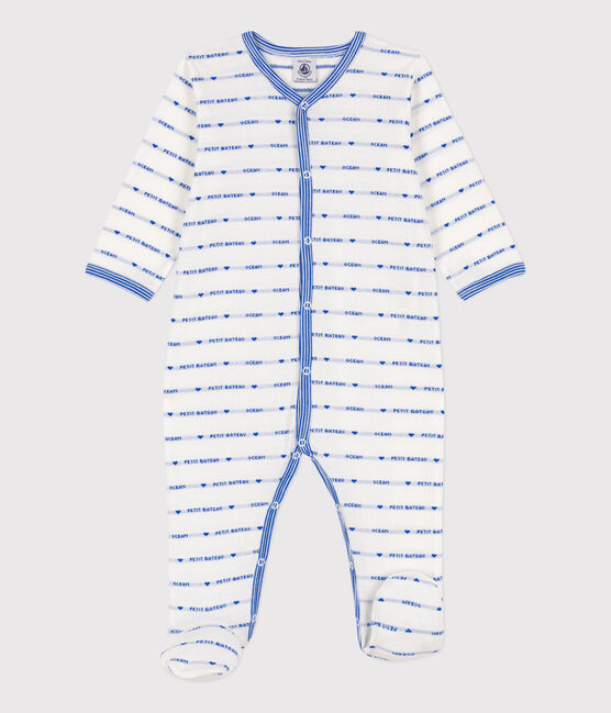 Patterned Knit Cotton Sleepsuit MARSHMALLOW white/PERSE blue
