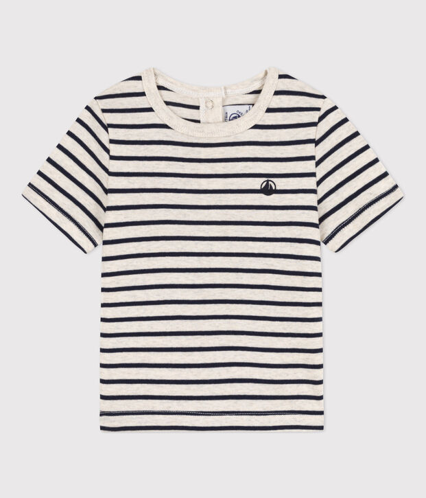 Babies' Stripy Cotton Short-Sleeved T-Shirt beige/blue