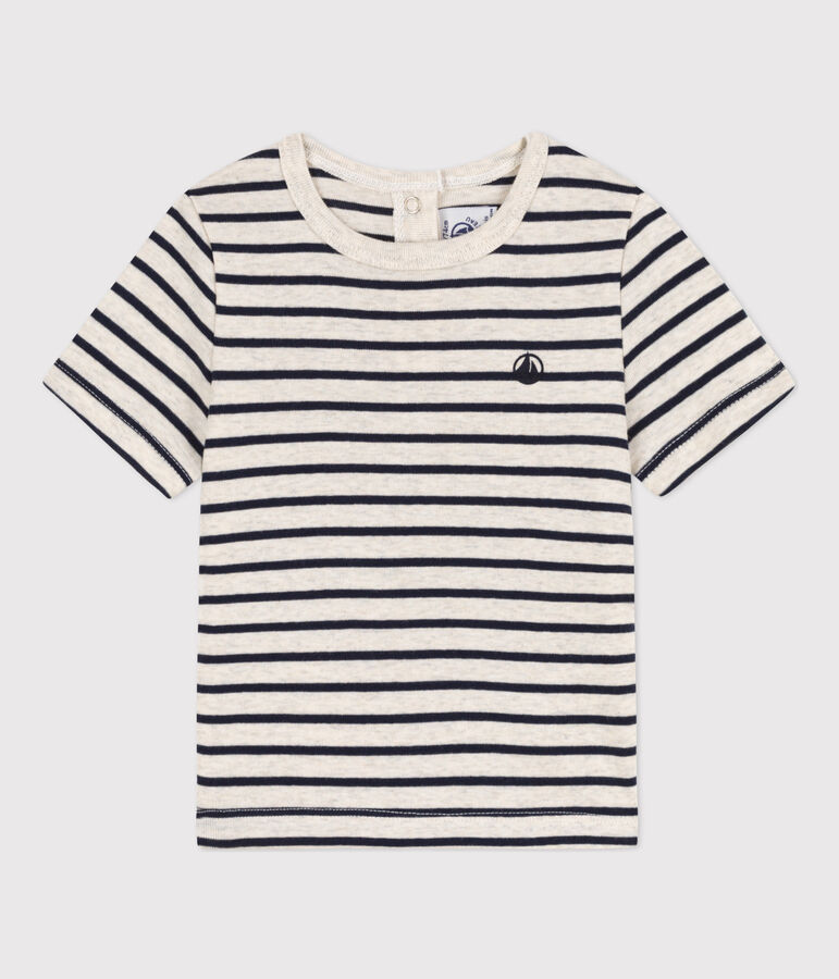 Babies' Stripy Cotton Short-Sleeved T-Shirt beige/blue