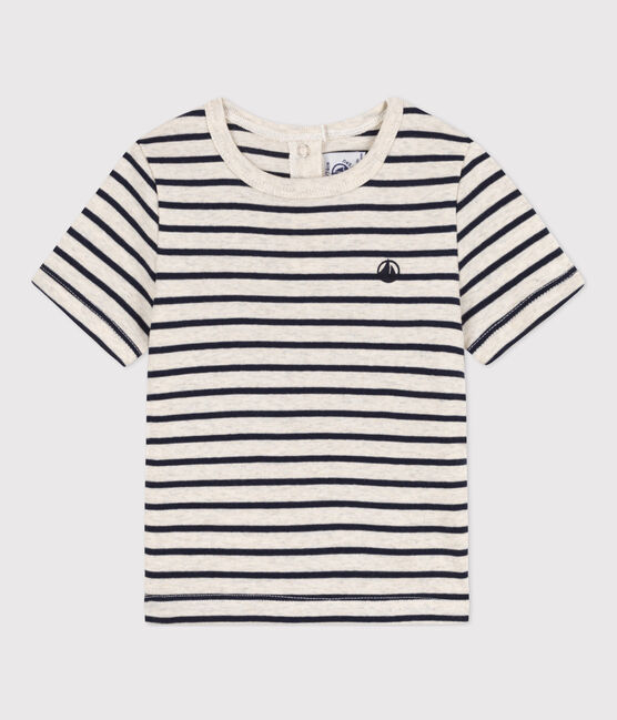 Babies' Stripy Cotton Short-Sleeved T-Shirt MONTELIMAR beige/SMOKING blue