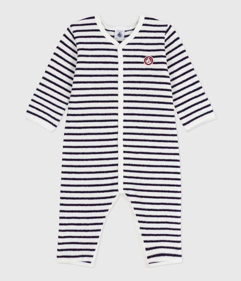 Babies' stripy printed cotton footless pyjama suit MILK blue/SOIR