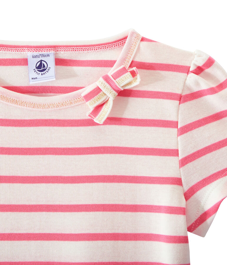 Girl's sailor-striped T-shirt MARSHMALLOW white/PETAL pink