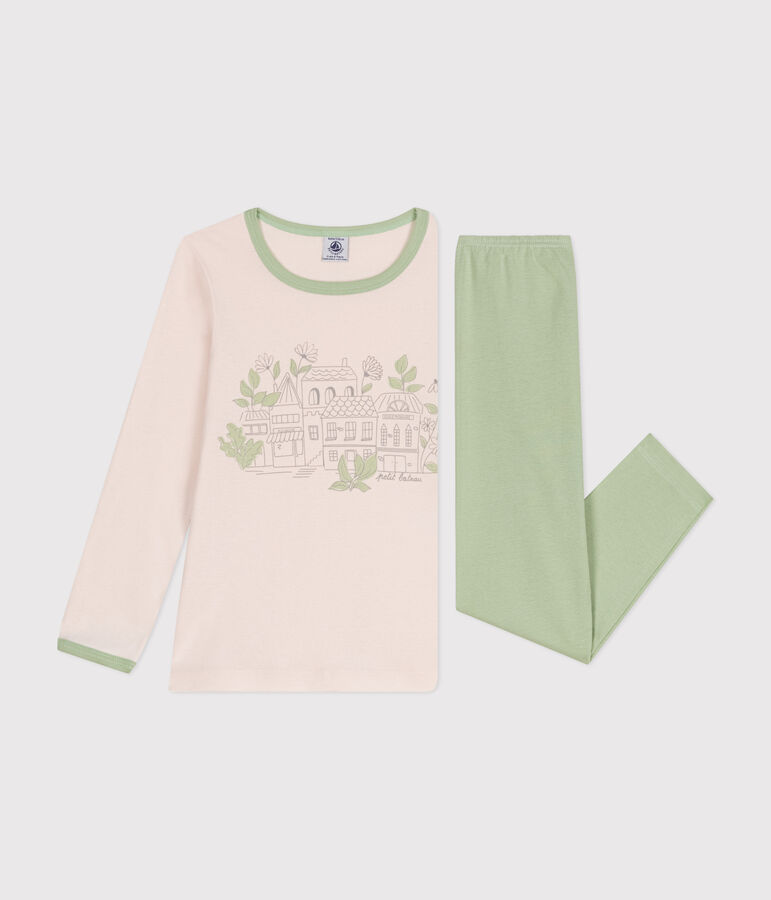 Girls' long-sleeved cotton pyjamas beige/green