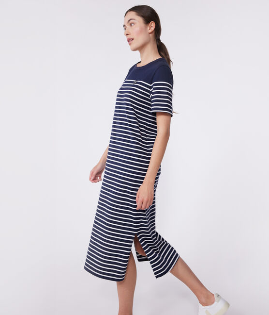 Women's long striped cotton dress SMOKING blue/MARSHMALLOW white