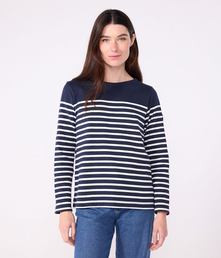 Women's long-sleeved cotton Breton top blue/white