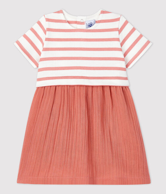 Babies' Organic Thick Jersey and Cotton Gauze Dress MARSHMALLOW white/PAPAYE