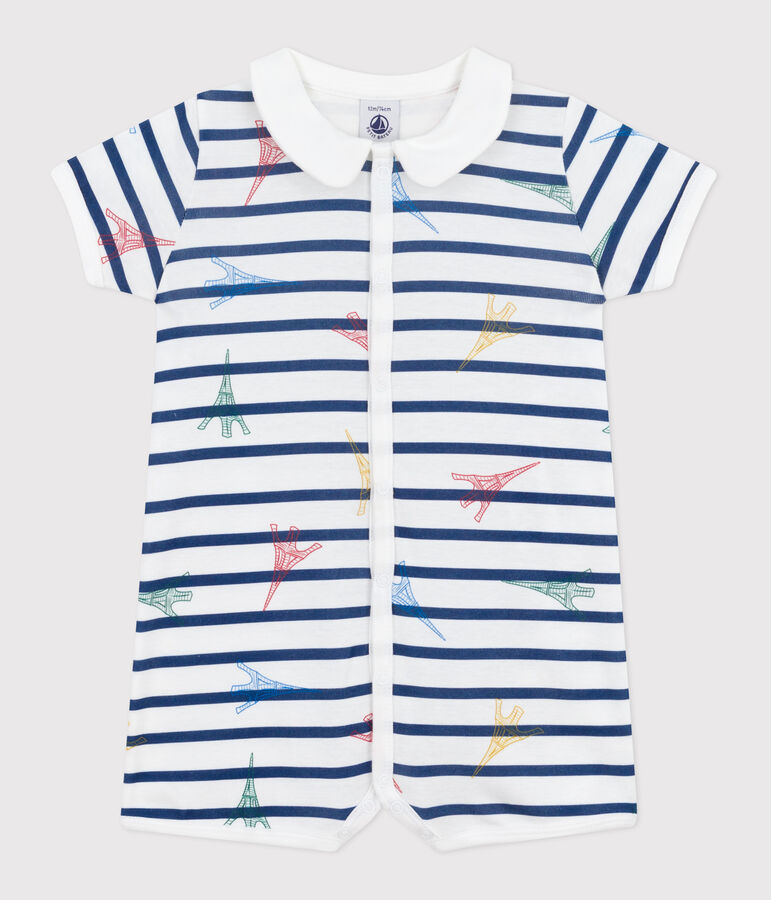 Babies' Paris-themed short cotton jumpsuit white/multicolor