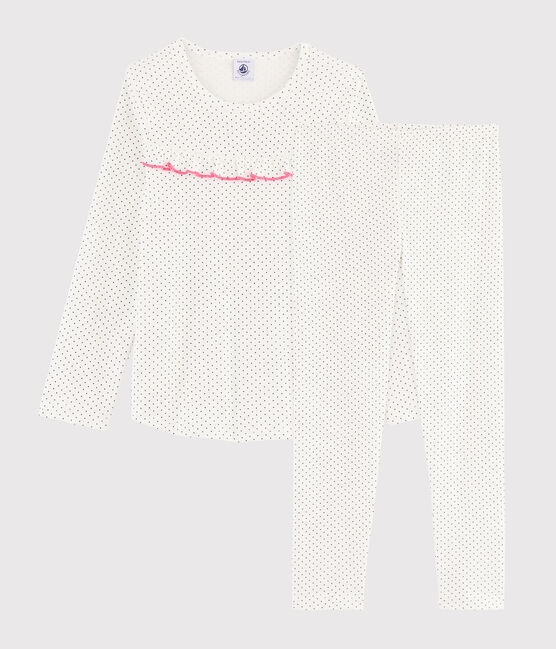 Girls' Polka Dot Ribbed Pyjamas MARSHMALLOW white/MEDIEVAL blue