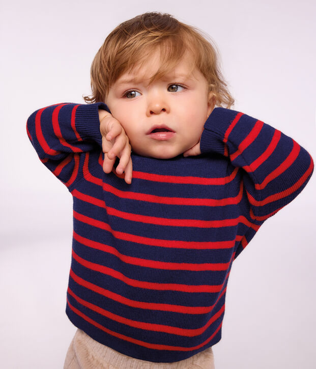 Babies' stripy wool and cotton sailor-style jumper blue/red
