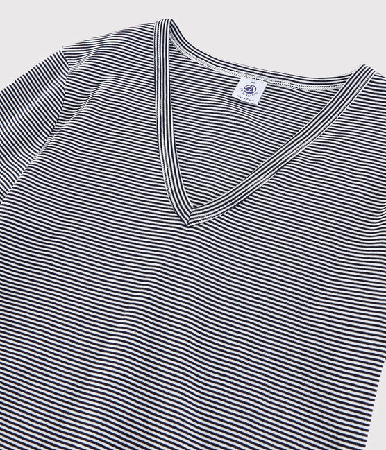 Women's Iconic V-Neck Striped Cotton T-Shirt SMOKING blue/MARSHMALLOW white