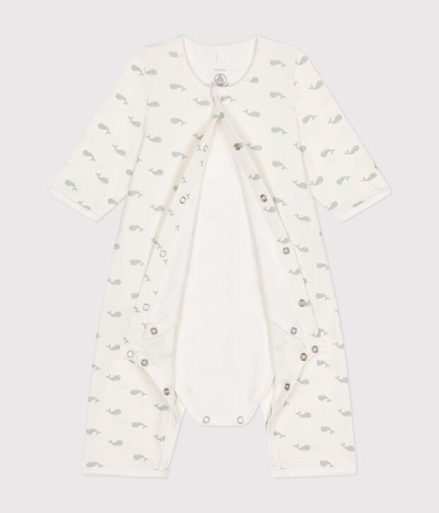Babies' footless cotton bodyjama white/green