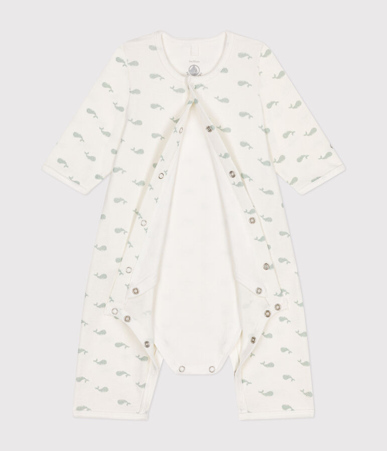 Babies' footless cotton bodyjama white/green