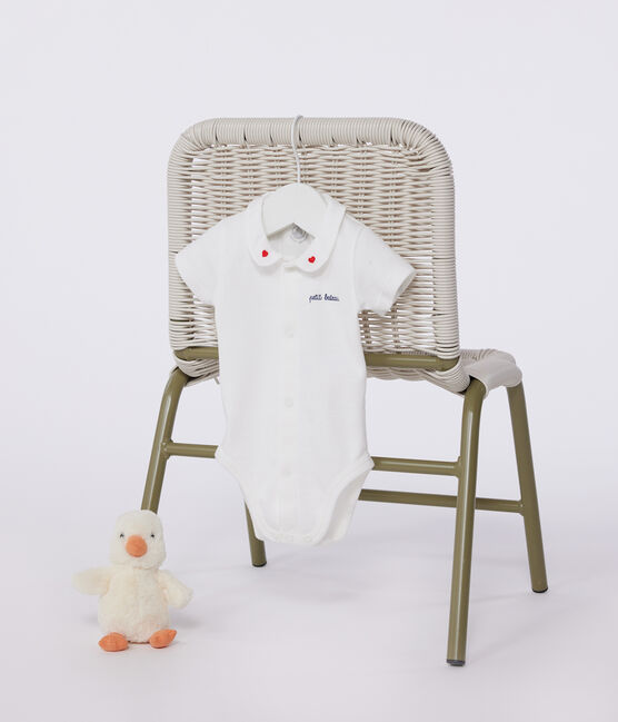 Newborns' short-sleeved cotton body with a collar MARSHMALLOW white