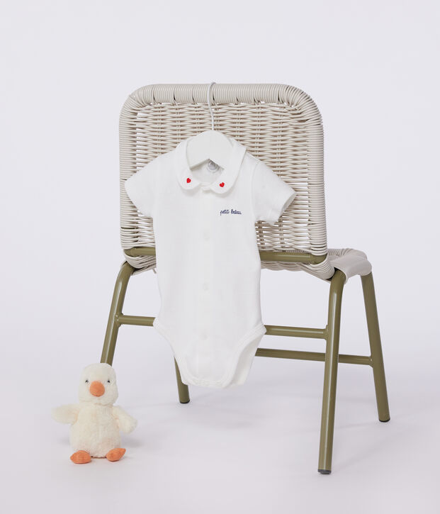 Newborns' short-sleeved cotton body with a collar white