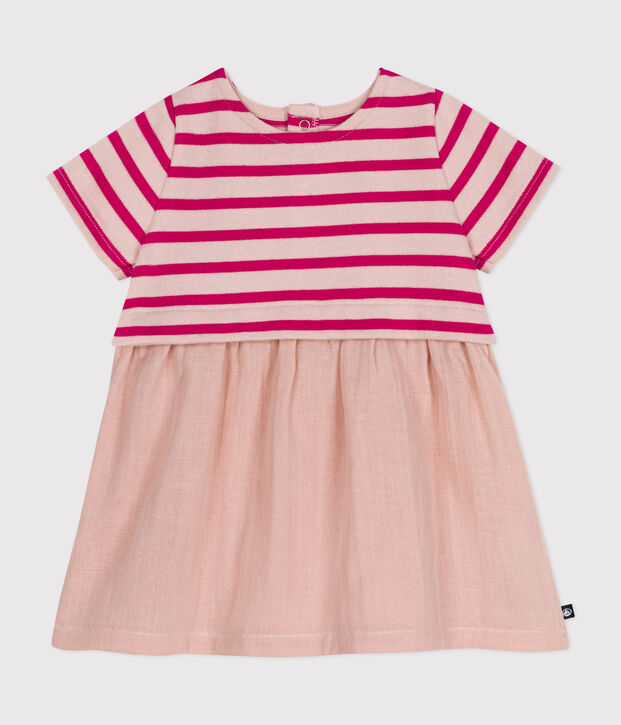 Babies' Short-Sleeved Thick Jersey and Cotton Gauze Dress pink/pink