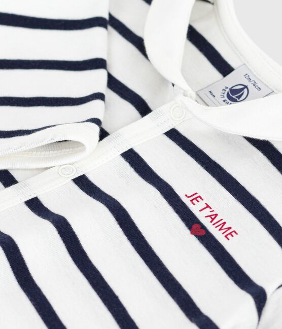 Babies' footless stripy boat-neck cotton pyjama suit MARSHMALLOW white/SMOKING blue