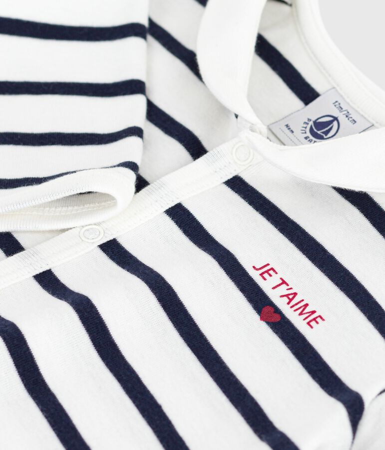 Babies' footless stripy boat-neck cotton pyjama suit white/blue