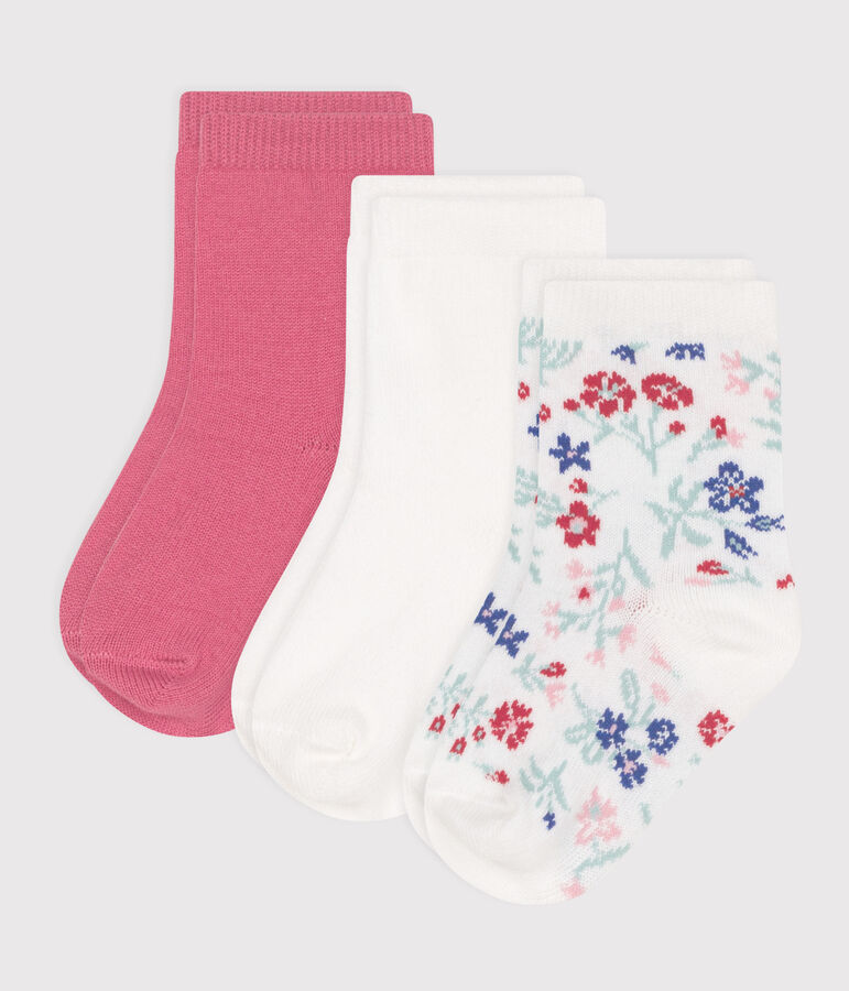 Pairs of baby girls' flower-patterned cotton socks - 3-Pack multicolor