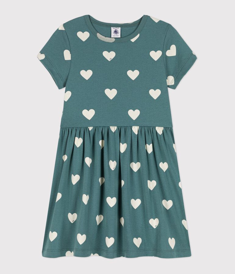 Girls' Short-Sleeved Organic Cotton Dress green/ecru