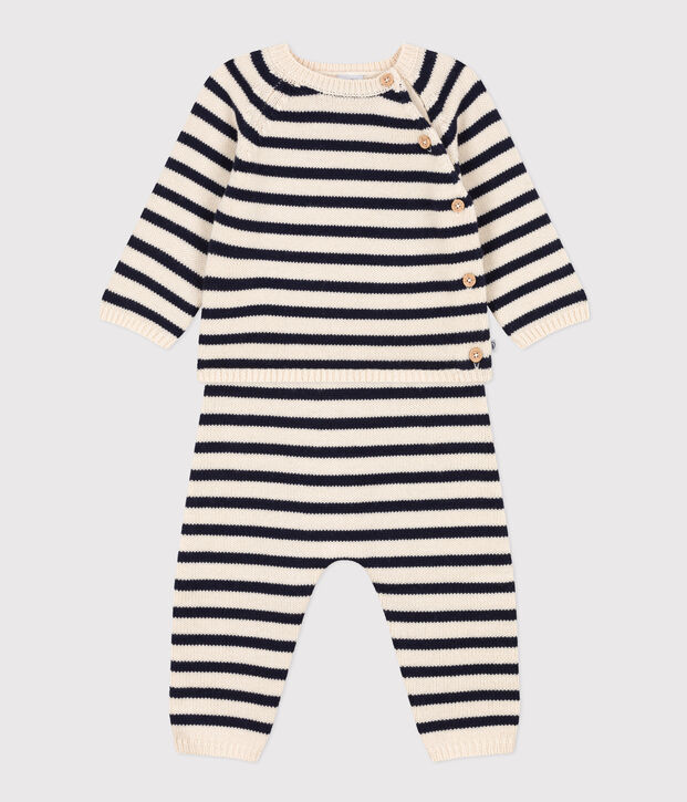Babies' Wool/Cotton Knit Sailor Striped Clothing - 2-Piece Set Ecru/blue