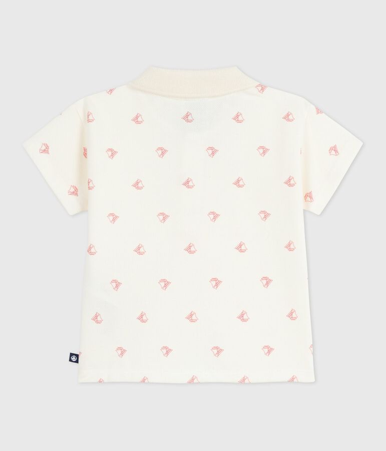 Babies' short-sleeved cotton polo shirt printed with vintage boats Ecru/red