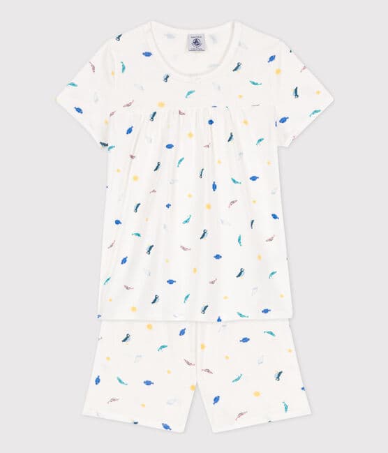 Girls' Sea Animals Short Cotton Pyjamas MARSHMALLOW white/MULTICO white
