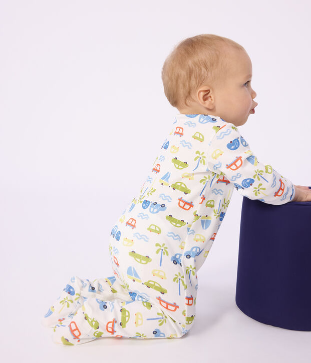 Babies' cotton pyjama suit with a motor car print white/multicolor