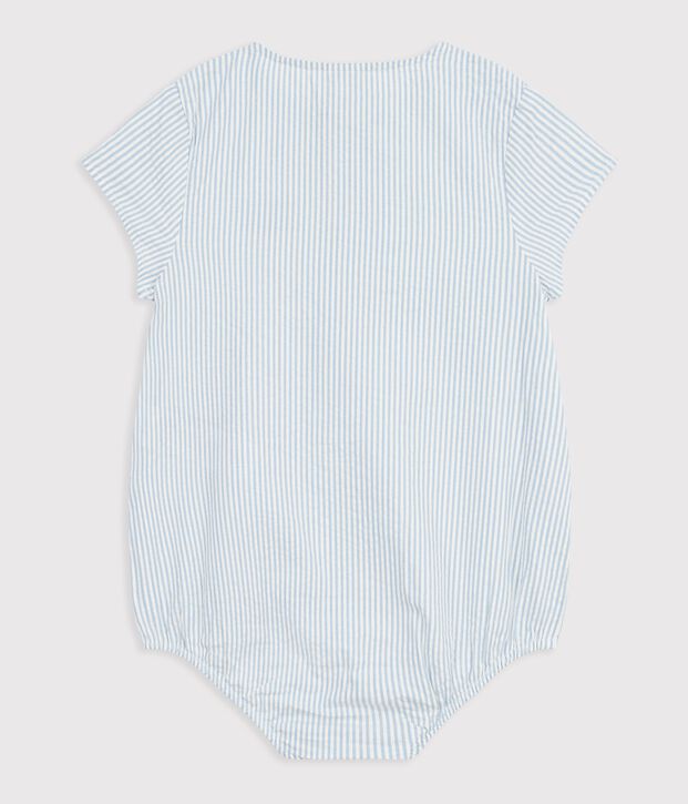 Babies' short-sleeved stripy cotton rompers blue/blue