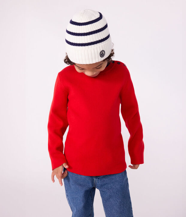 Children's stripy knitted beanie hat lined in polar fleece blue/blue