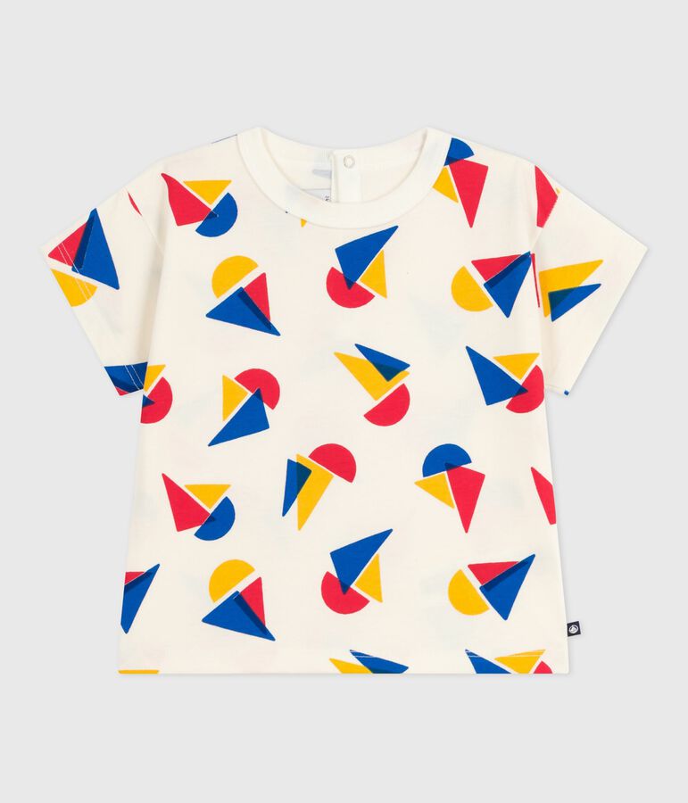 Babies' short-sleeved boat-print cotton T-shirt Ecru/multicolor