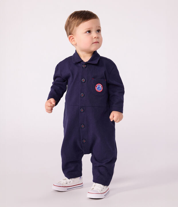 Babies' long, plain overall-style cotton playsuit blue