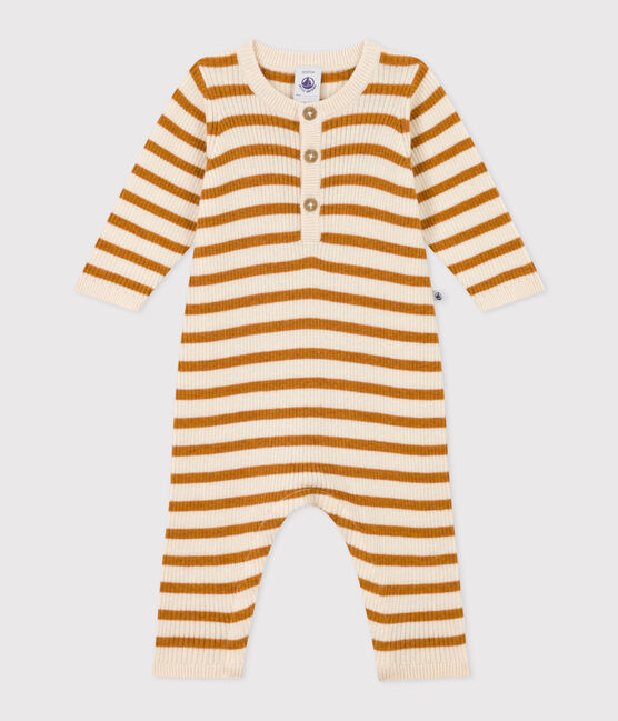 Babies' Stripy Knit Jumpsuit AVALANCHE white/ECUREUIL