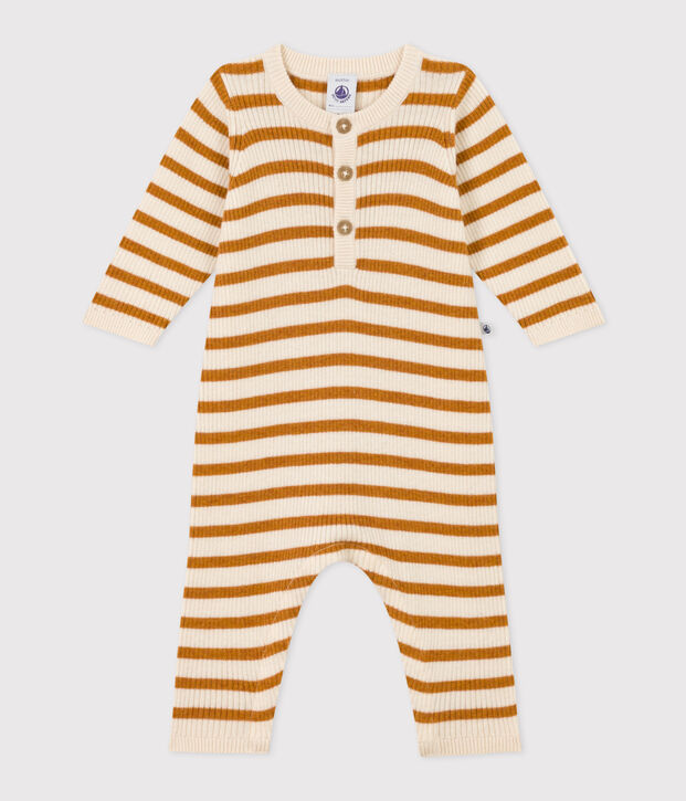 Babies' Stripy Knit Jumpsuit Ecru/brown