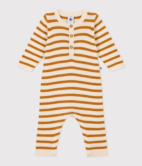 Babies' Stripy Knit Jumpsuit AVALANCHE white/ECUREUIL