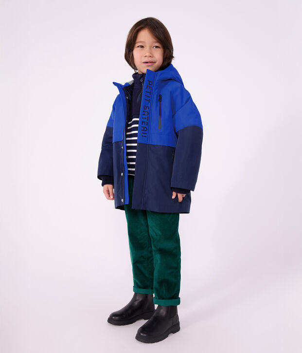 Children's plain mid-length colourblock parka blue/multicolor