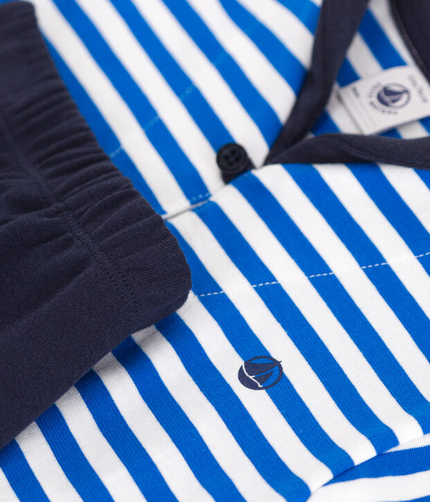 Babies' two-piece cotton set including a T-shirt with a sailor collar blue/blue