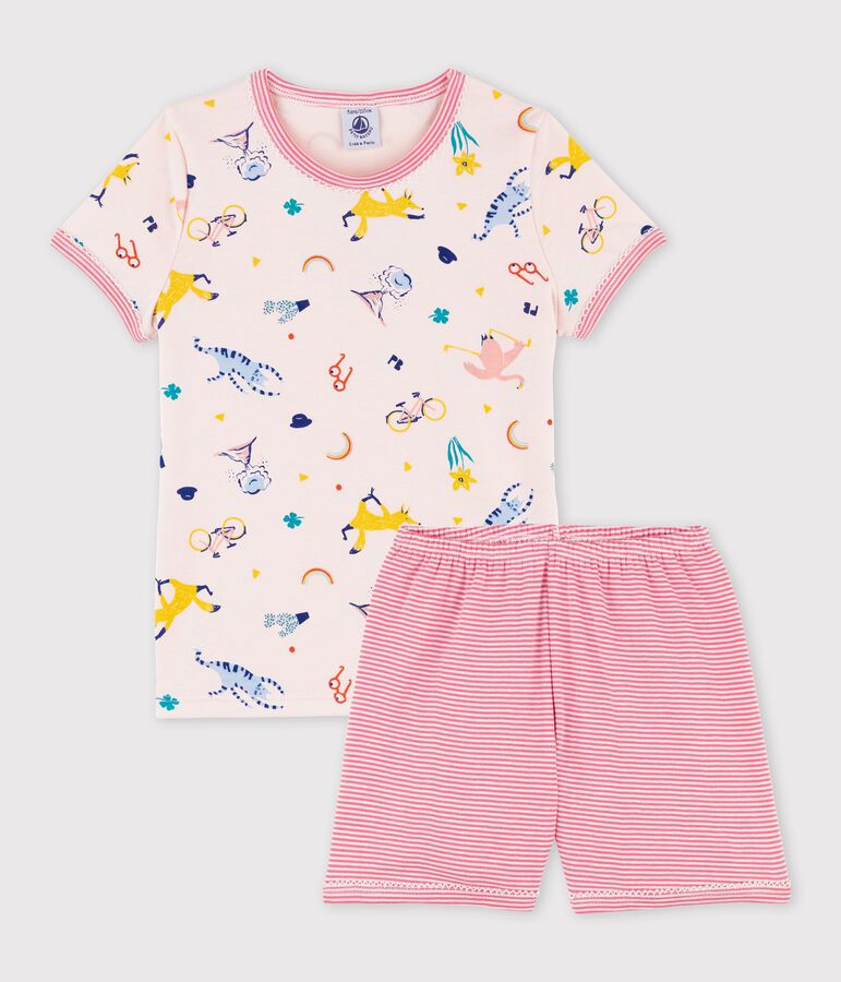 Girls' Yoga Animal Pattern Short Cotton Pyjamas FLEUR pink/MULTICO white