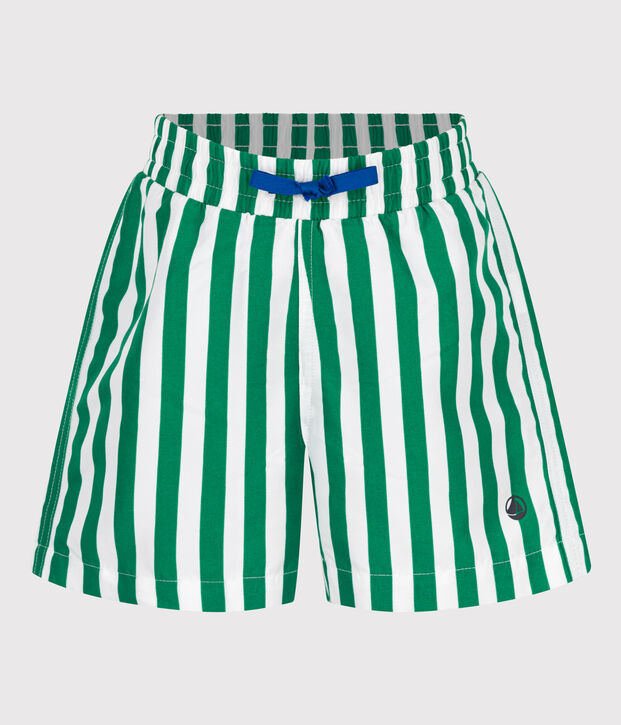 Children's stripy cotton swim shorts green/green